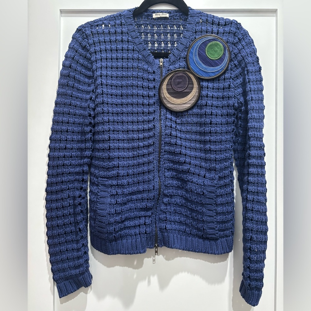 Miu Miu Blue Textured Sweater with Circular Accents